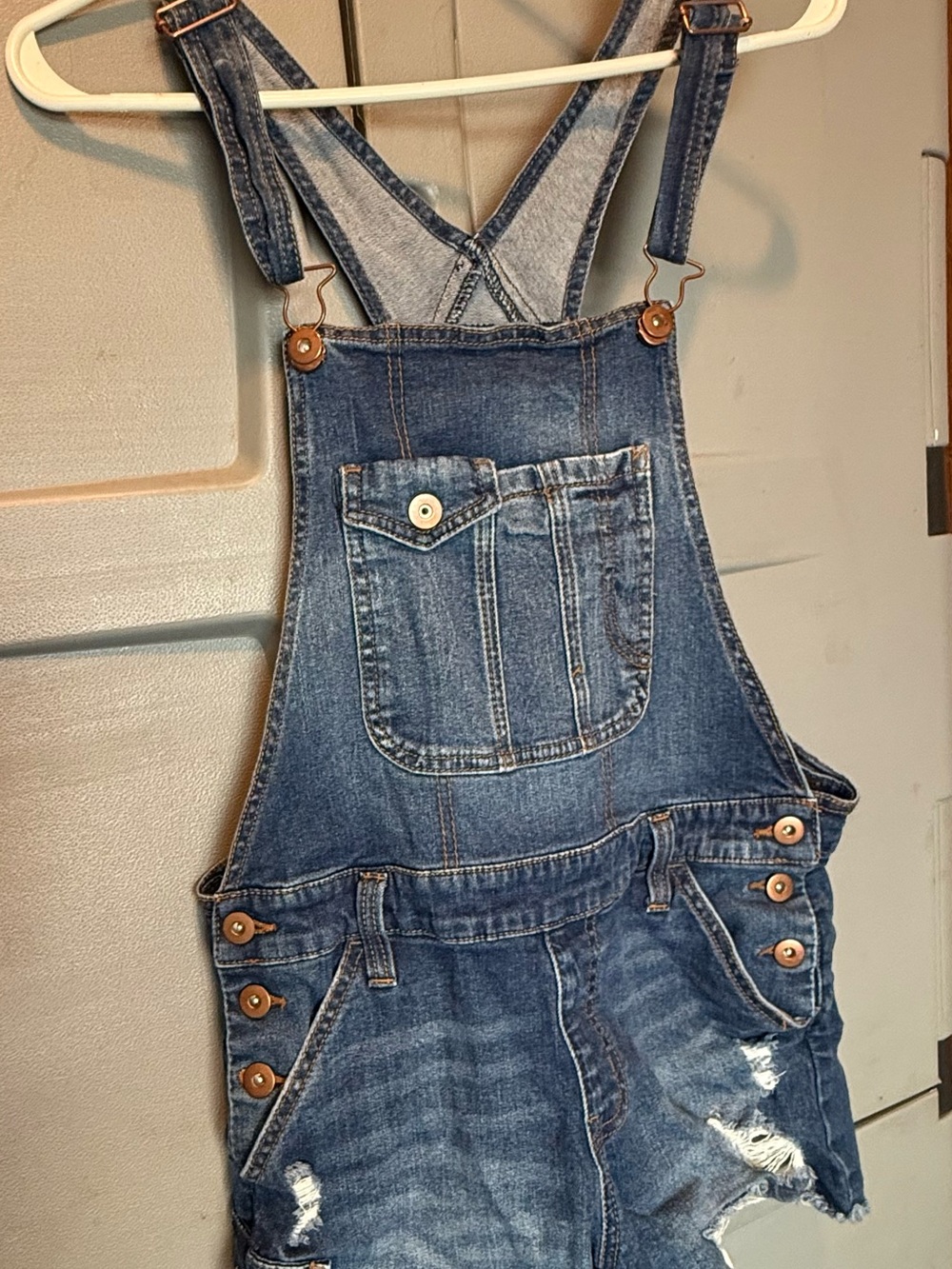 No Boundaries Distressed Denim Short Overalls in Blue